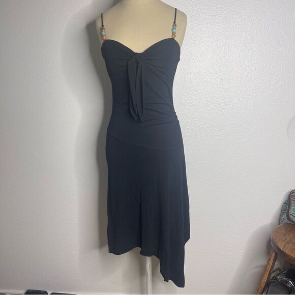 Vintage 90s Express Dress Asymmetrical Black Beaded Bow Boho Vacation MIDI - Picture 2 of 9